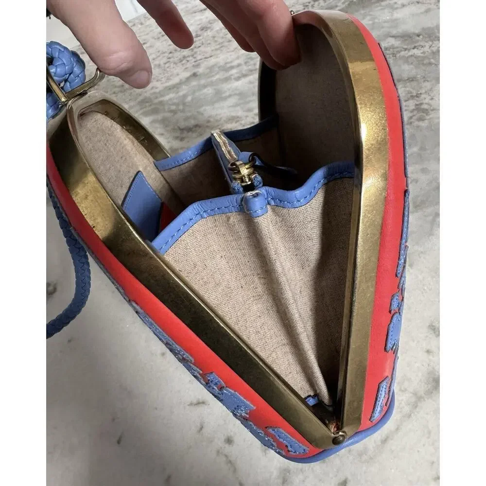 Tory Burch Blue Red Leather Dome Clutch Mini Handbag - Picture 10 of 13